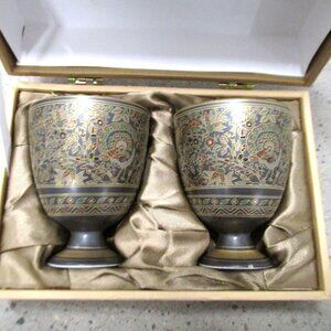 Kutani Ware Enameled Saki Cups Porcelain Handcrafted 4" X 2.5" With Box